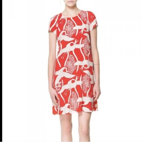 Zara Crane Bird Print Crepe Shift Dress Red Size Medium - Picture 1 of 9